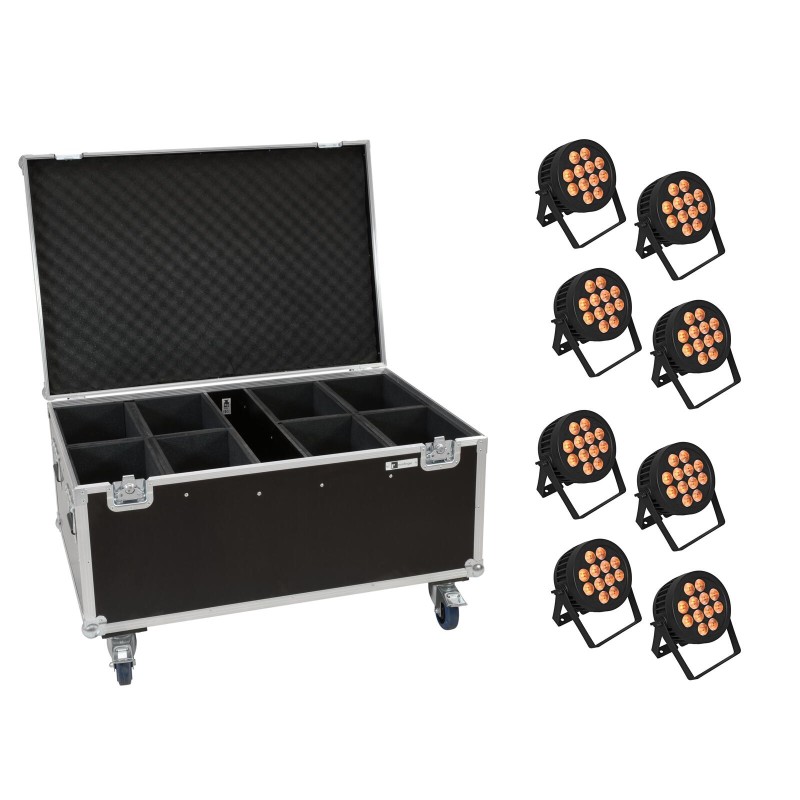 Set 8 Proiectoare de exterior LED IP PAR 12x8W QCL Spot + cutie cu roti EUROLITE 20000881