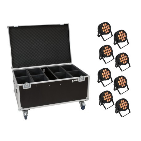 Set 8 Proiectoare de exterior LED IP PAR 12x9W SCL Spot + cutie cu roti EUROLITE 20000885