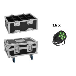 Set 16 Proiectoare de podea LED Silent Par 6 QCL Spot + cutie cu roti si extensie EUROLITE 20001002