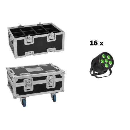 Set 16 Proiectoare de podea LED Silent Par 6 QCL Spot + cutie cu roti si extensie EUROLITE 20001002