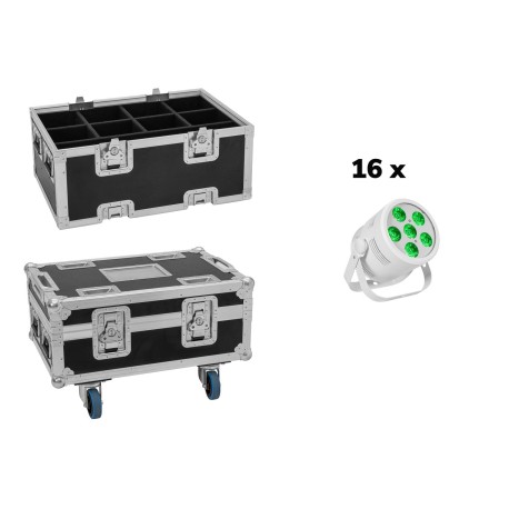 Set 16 Proiectoare de podea LED Silent Par 6 QCL Spot albe + cutie cu roti si extensie EUROLITE 20001003