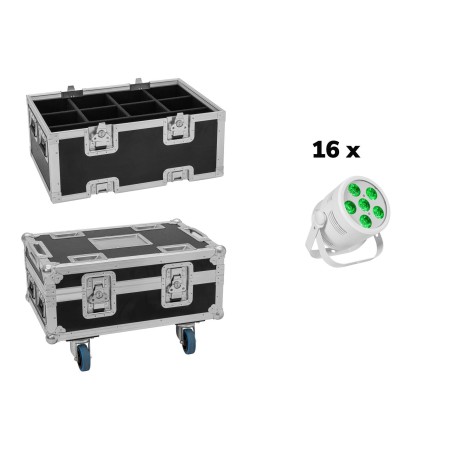 Set 16 Proiectoare de podea LED Silent Par 6 QCL Spot albe + cutie cu roti si extensie EUROLITE 20001003