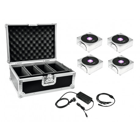 EUROLITE Set 4x AKKU Flat Light 1 chrome + Case + Charger